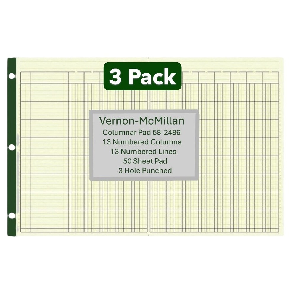 3 pak Analysis Ledger 13-Column 50 Sheet Pads NOS 11x 16.375 Green Paper 58-2486